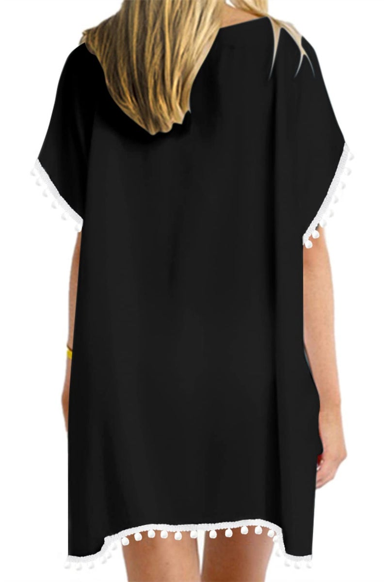 Yincro Women's Pom Poms Beach Bathing Suit Cover Up for Swimwear (Black, 1X-2X) - Image 2